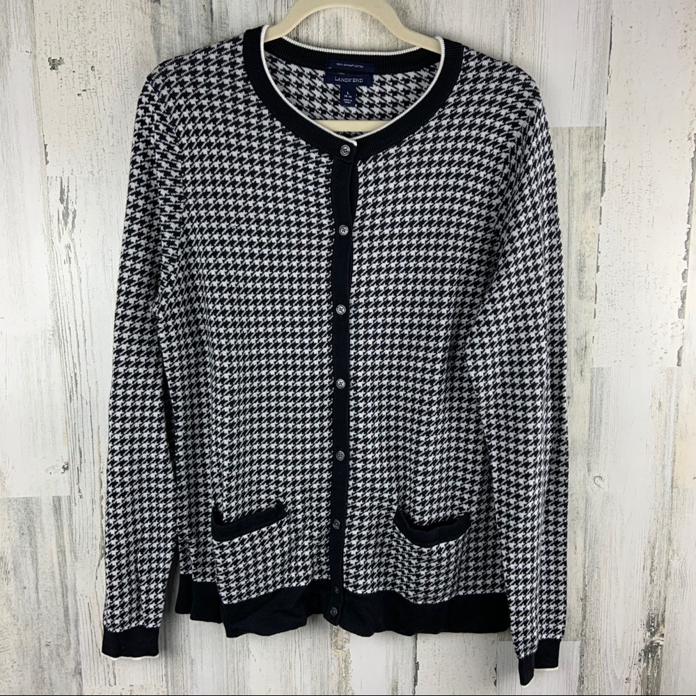 LANDS END Black White Gingham Button Up Cardigan Sweater L